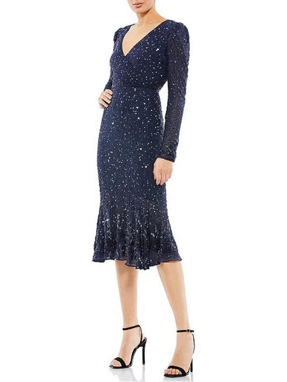 Mac Duggal Navy Sequin V-Neck Long Sleeve Midi Dress